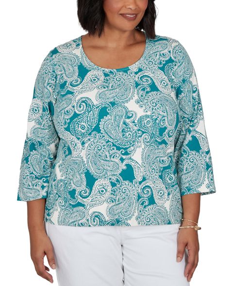 Женская футболка HEARTS OF PALM Plus Size Stamped Paisley 3/4-Sleeve Scoop Neck, цвет: Бирюзовый разноцветный
