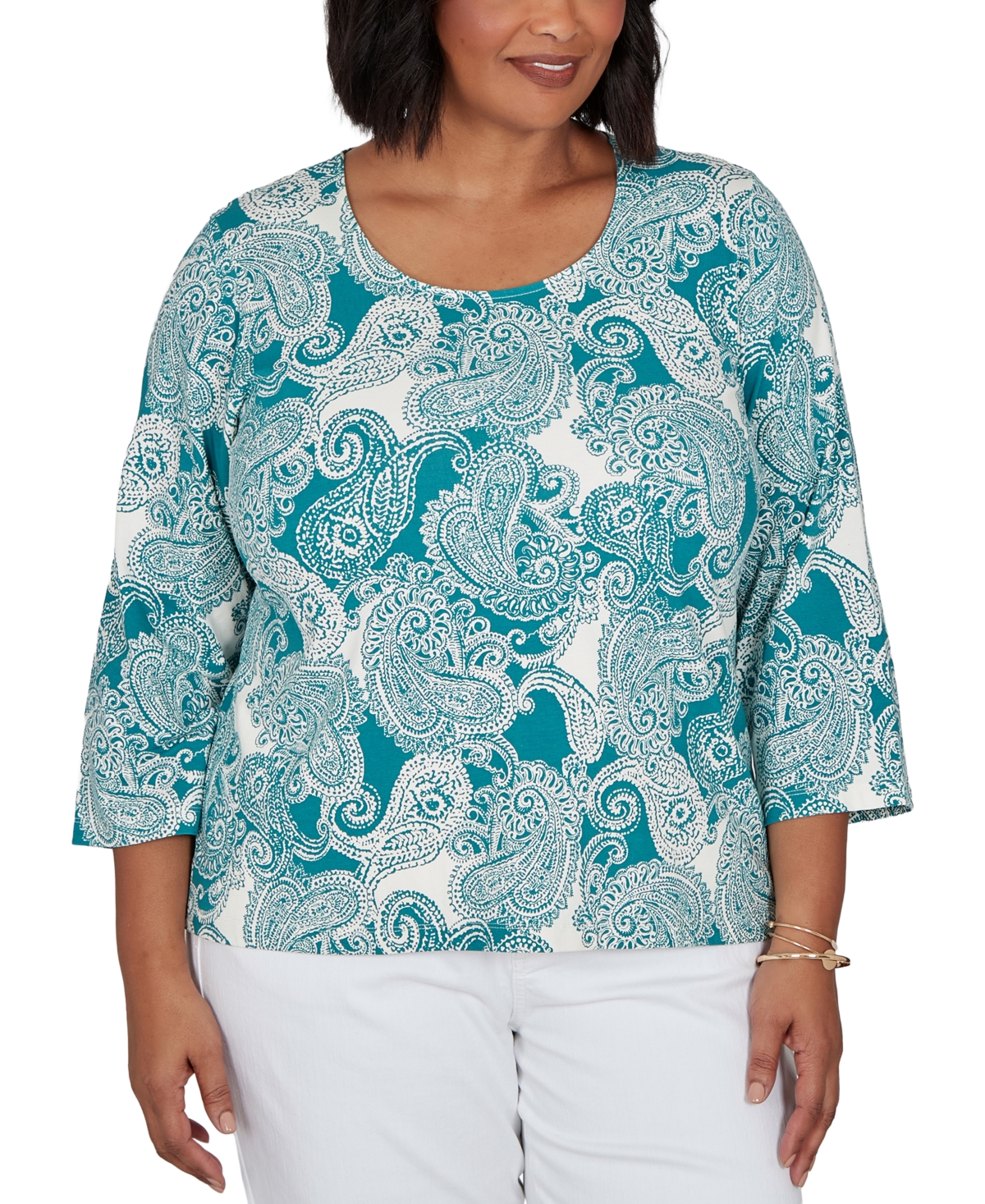 Hearts Of Palm Plus Size Stamped Paisley 3/4-Sleeve Scoop Neck T-Shirt - Teal Multi