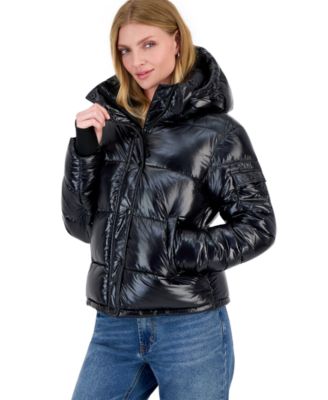 Women's Ella Hooded Thumbhole-Cuff Shine Puffer Coat