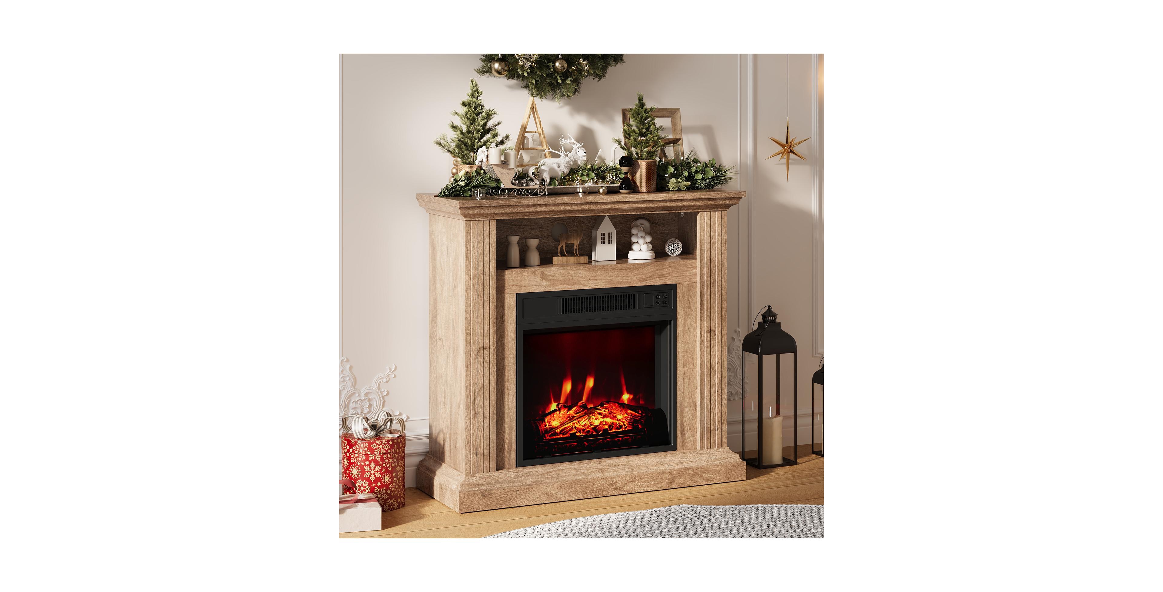 homfan 32" Freestanding Electric Fireplace Tv Stand, Engineered Wood and Tempered Glass with Remote Control Heater and Adjustable Flame.