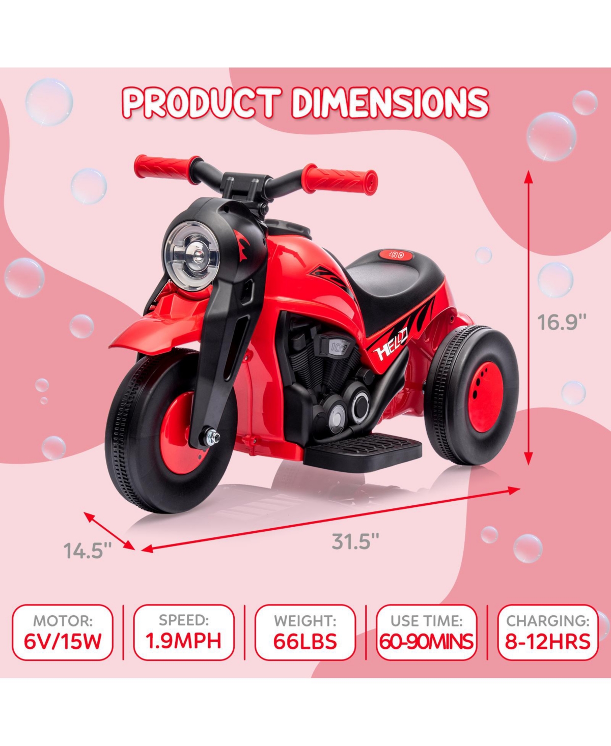 homfan Bubble Motorcycle Battery-Powered Ride-On with Bubble-Maker and Led Lights, Supports up to 66 lbs, Ages 3-6