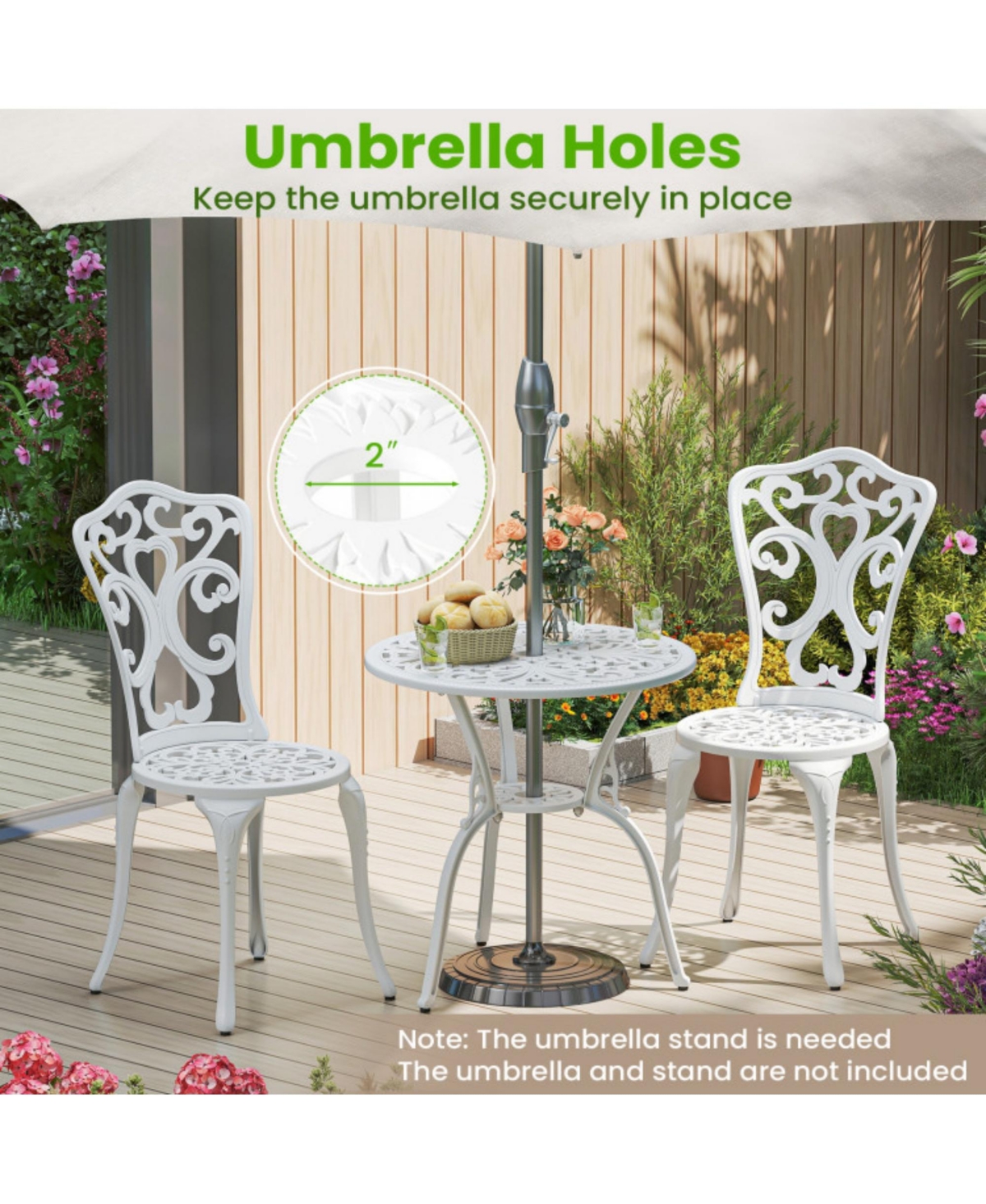 Clihome 3 Piece All Weather Cast Aluminum Bistro Chairs and Table with Umbrella Holes