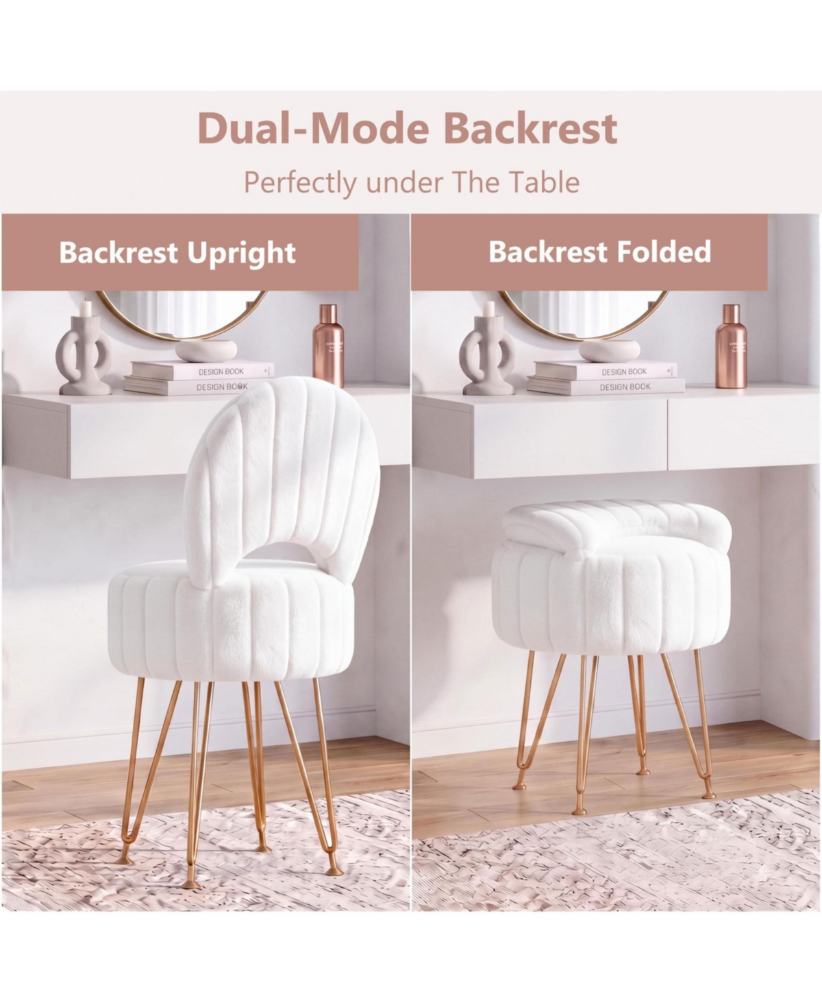 Round Vanity Stool with Storage and Backrest