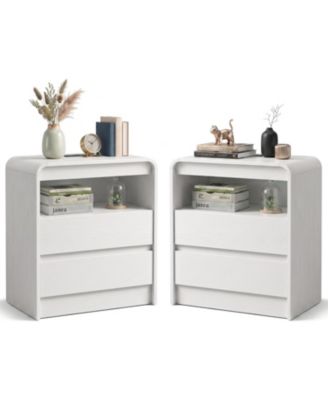 Curved Nightstand Set of 2 with 2 Drawers and Open Shelf, Charging Station, Modern Bedside Table for Bedroom Living Room