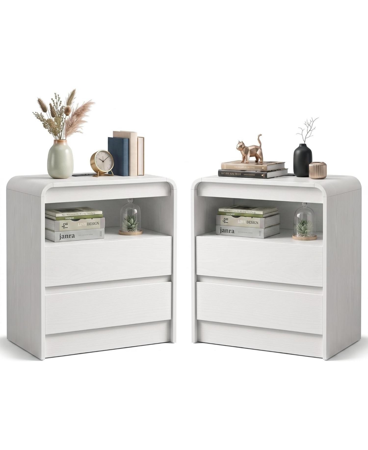 homfan Curved Nightstand Set of 2 with 2 Drawers and Open Shelf, Charging Station, Modern Bedside Table for Bedroom Living Room - White