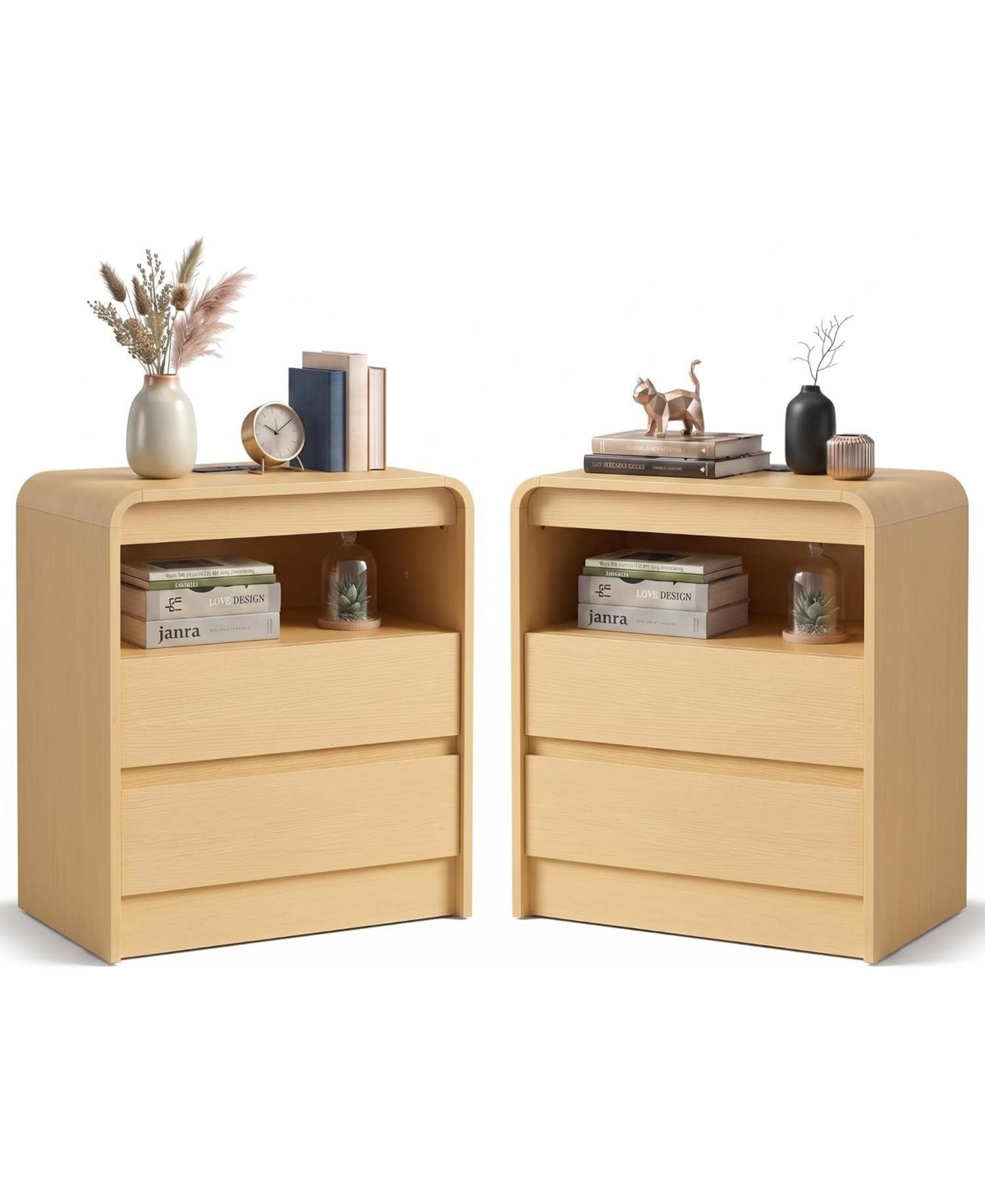 homfan Curved Nightstand Set of 2 with 2 Drawers and Open Shelf, Charging Station, Modern Bedside Table for Bedroom Living Room - Natural