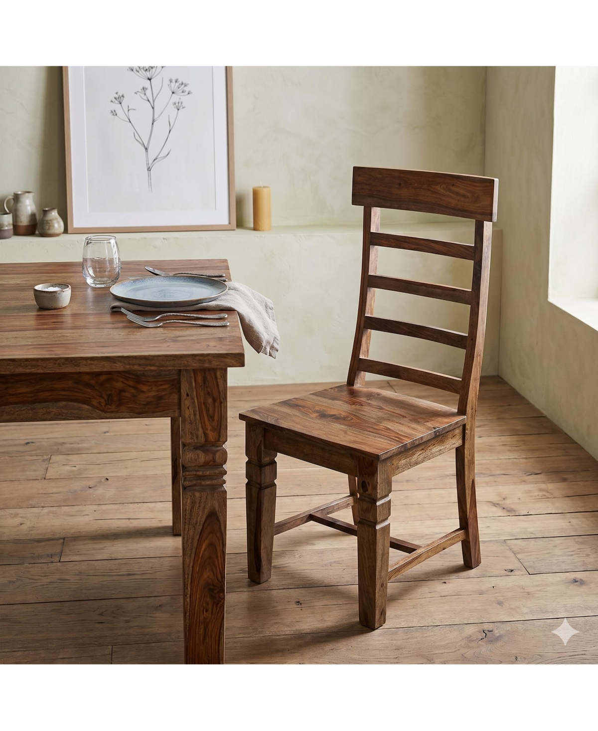 Porter Design Set of 2 Solid Sheesham Wood Ladderback Dining Chairs with Hand-Carved Detailing