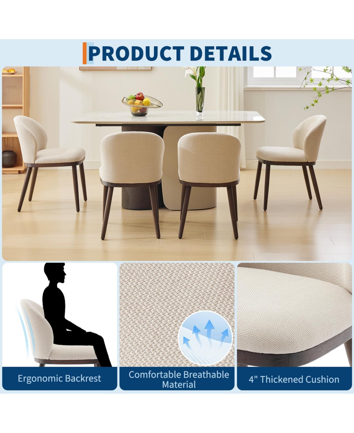 homfan Modern Upholstered Dining Chairs Set of 4, Armless Polyester Seats, Wooden Legs, Accent Side Chairs for Kitchen, Dining Room, Office