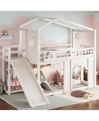 Twin House Loft Bed with Slide, Wardrobe and Bookshelves