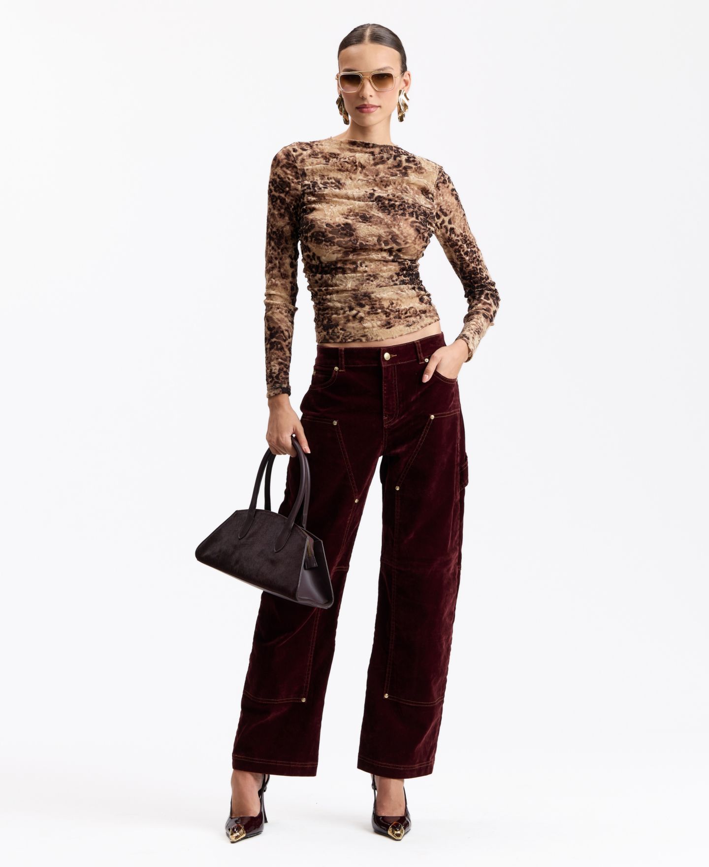 Женская футболка Avec Les Filles Leopard-Print Ruched Long-Sleeve, цвет: Burnout Cheetah — фото 2