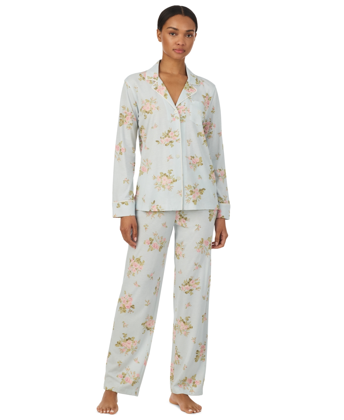 Lauren Ralph Lauren Women's Long-Sleeve Notch-Collar Floral Pajama Top and Pajama Pants, 2-Piece Set - Green