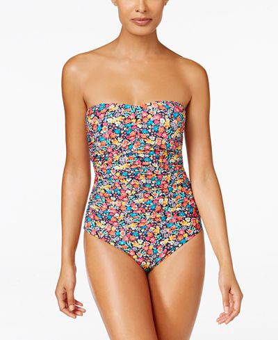 Anne Cole Budding Romance Floral-Print Shirred Bandeau One-Piece Swimsuit