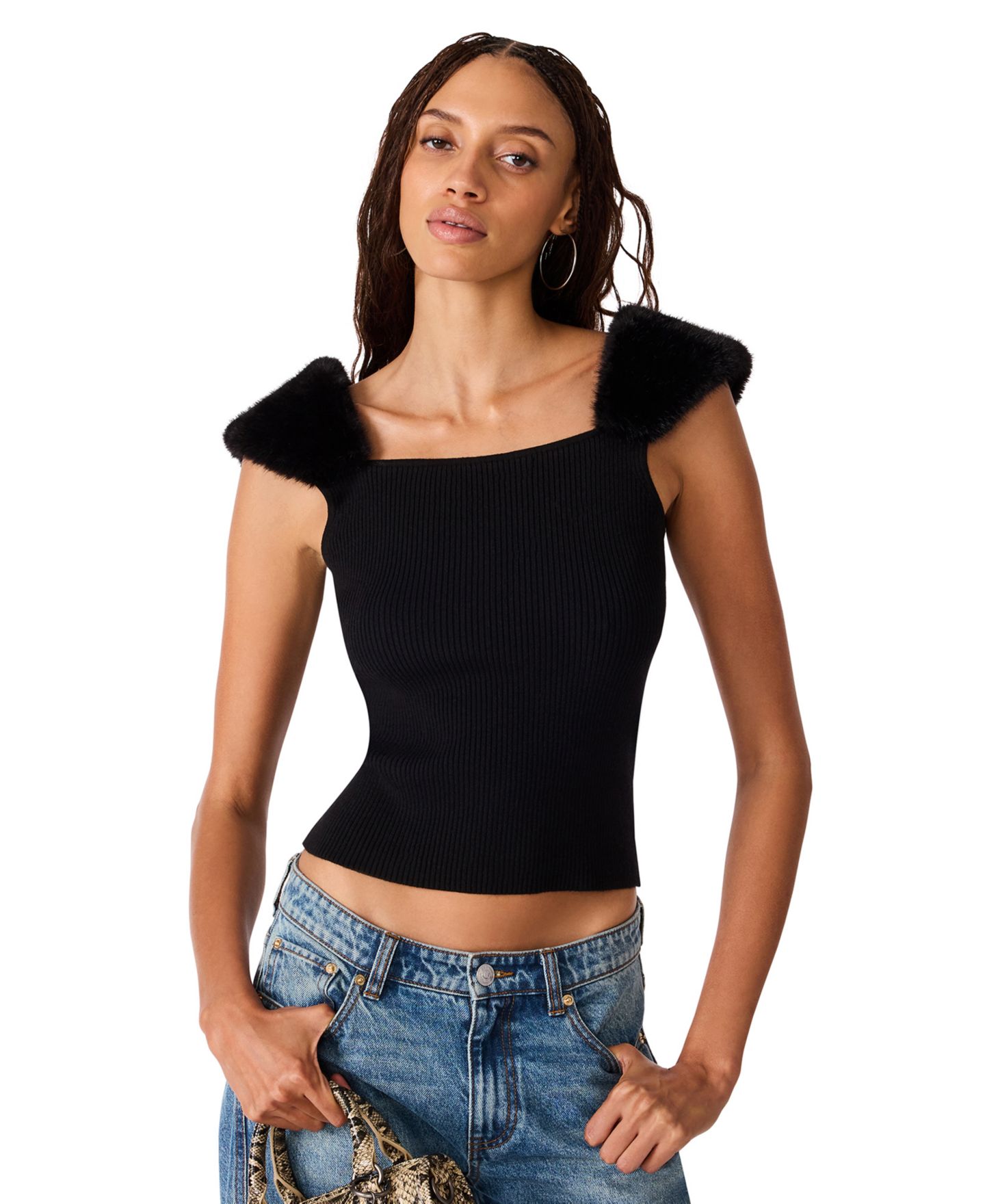 Женский свитер Steve Madden Madelyn Sleeveless Square-Neck Faux Fur-Trim, цвет: Чёрный — фото 4