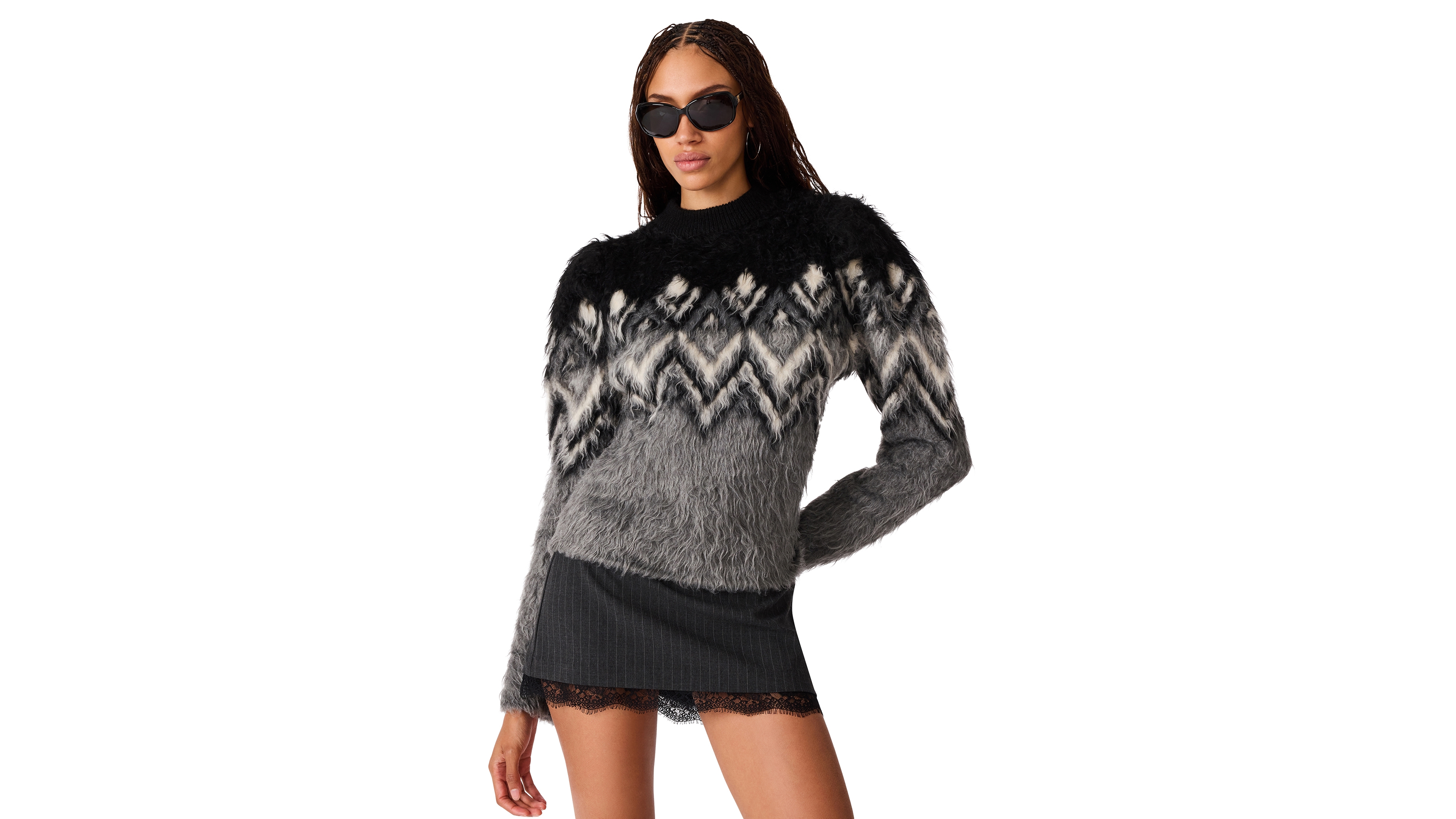 Steve Madden Women's Mora Mock Neck Fair Isle Fuzzy Knit Sweater