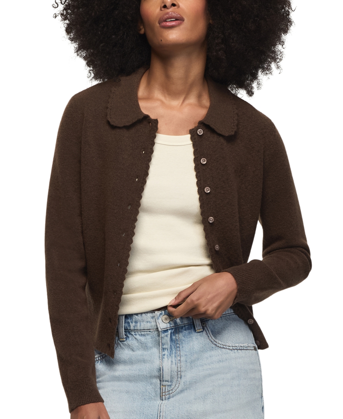 Lucky Brand Women's Long Sleeve Peter Pan Collar Scalloped Cardigan