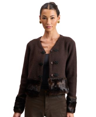 Women's Long-Sleeve Scoop-Neck Faux Fur-Trim Cardigan