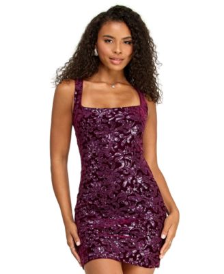Juniors' Sequined Velvet Lace Up Open-Back Mini Dress