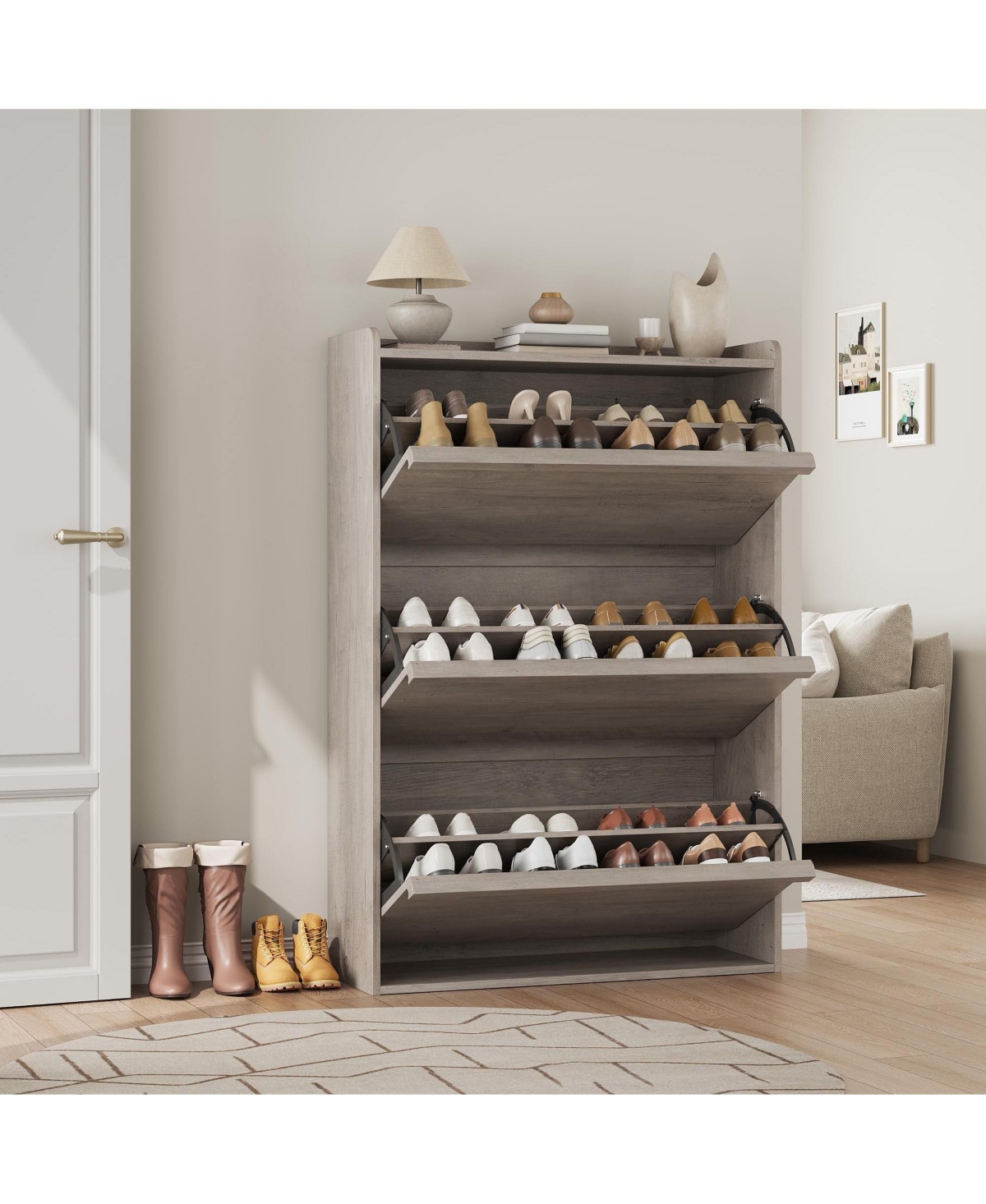 homfan Shoe Cabinet with 3 Flip Drawers - Hidden Wood Storage for Entryway Hallway Living Room