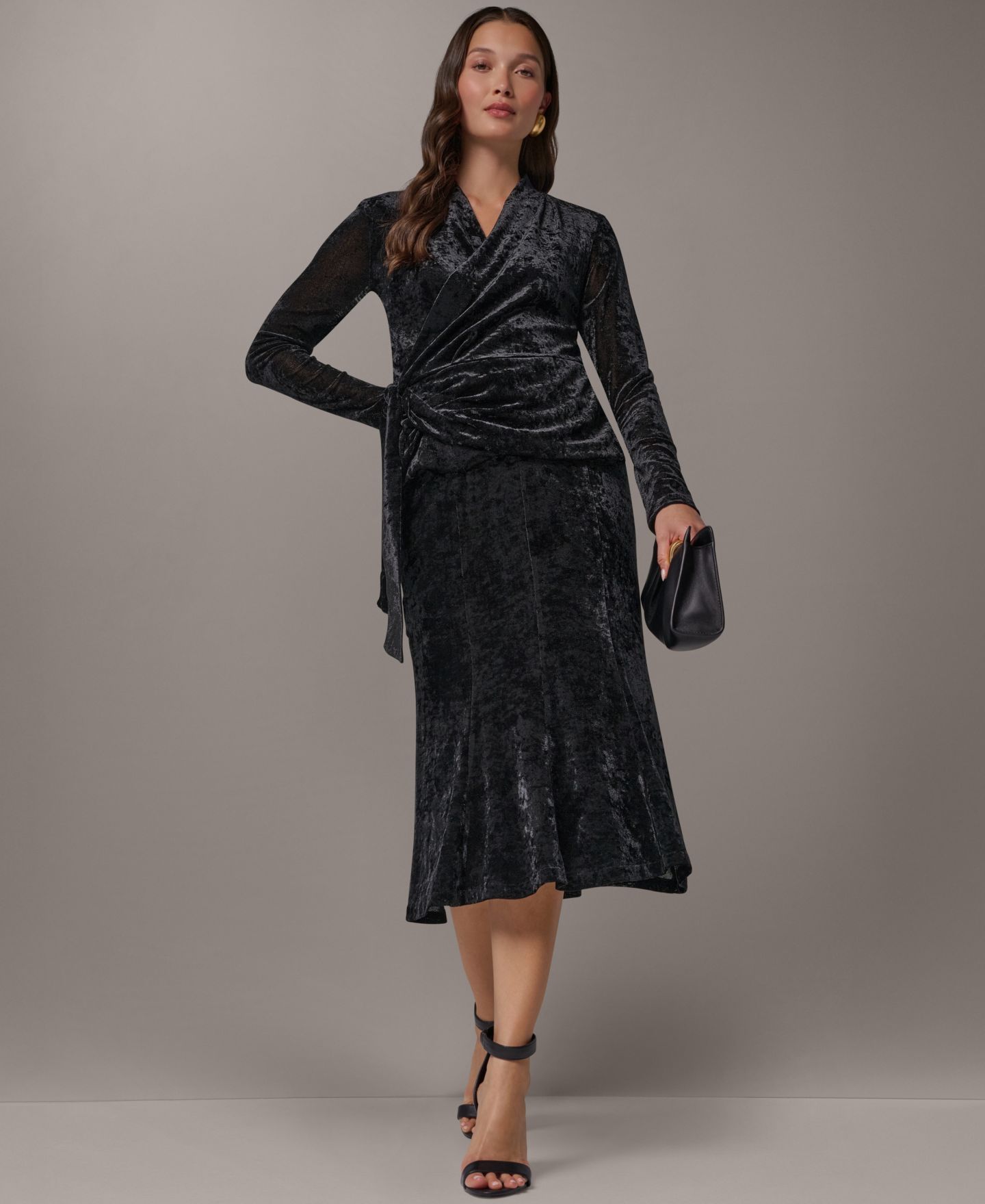 Женская бархатная миди-юбка Donna Karan New York эластичная с высокой талией, цвет: Чёрный — фото 24