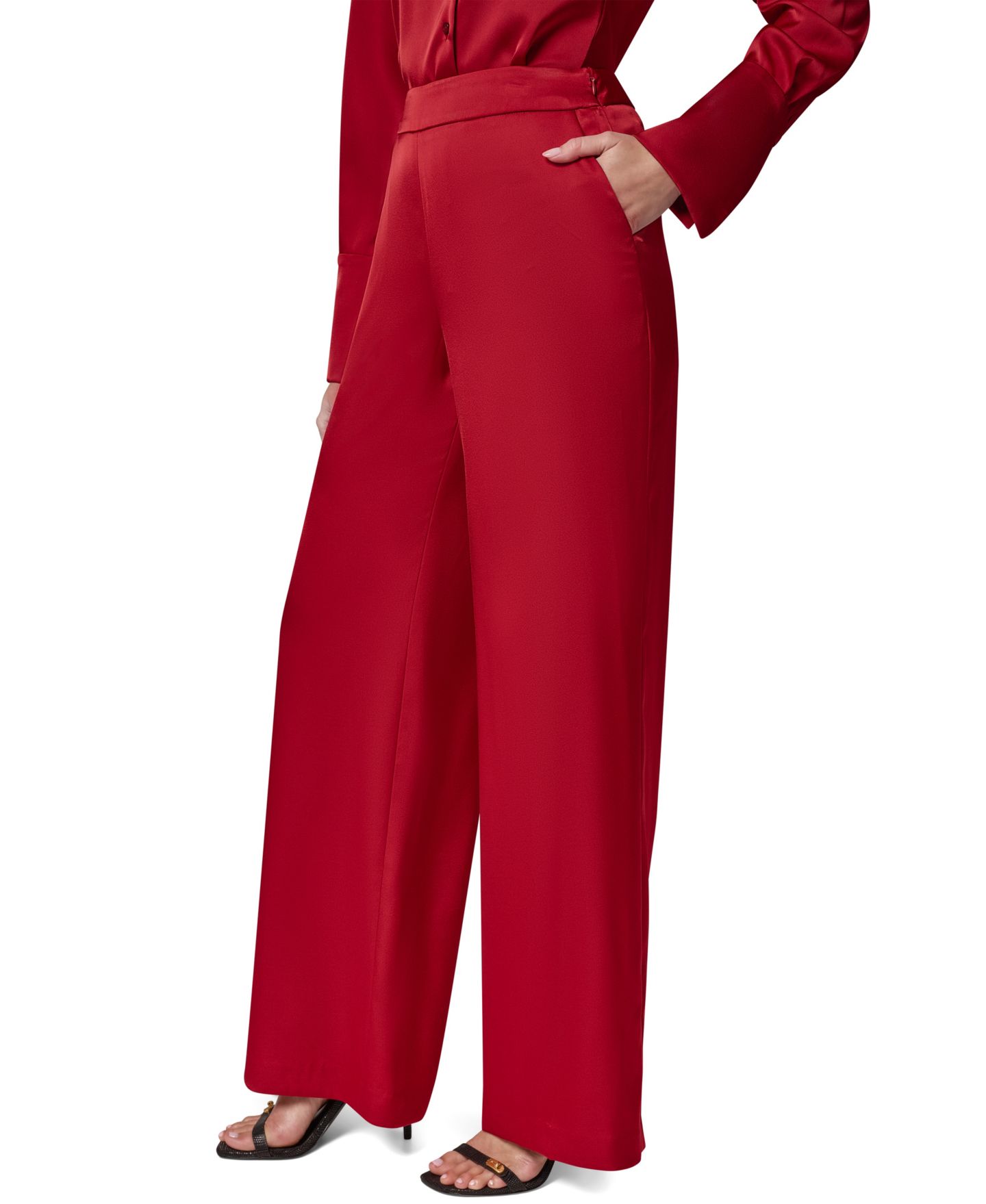 Женские широкие атласные брюки Donna Karan New York с боковой молнией, цвет: Красный бархатный — фото 14