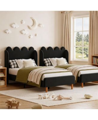 Set of 2 Twin Size Upholstered Scalloped Wave Tall Headboard Bed Frame, Chenille Fabric with Wood Slat Support and No Box Spring Needed