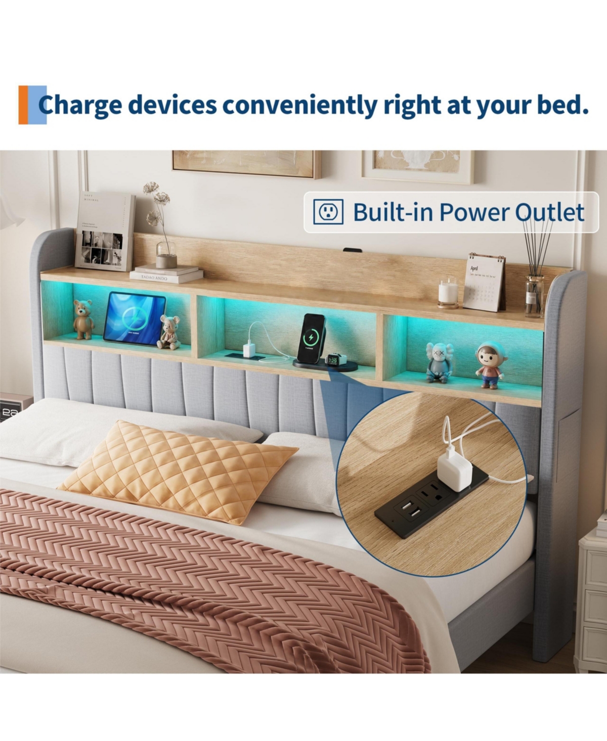 Gaomon Set of 2 Twin Size Platform Bed Frame with Charging Station and Storage Headboard, Heavy Duty, No Box Spring Needed, Easy Assembly