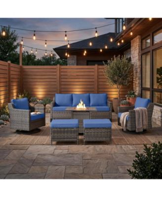 6-Piece Outdoor Furniture Set with Fire Pit Table, Wicker Patio Conversation Set with Cushions and Swivel Glide Chairs