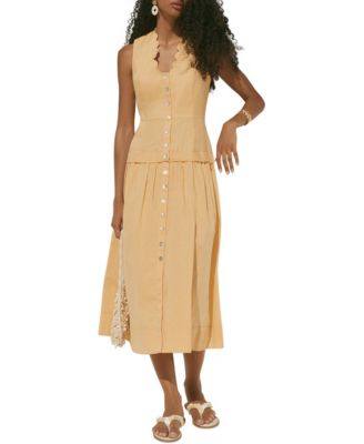 Women's Scalloped Sleeveless Drop-Waist Ramie Maxi Dress