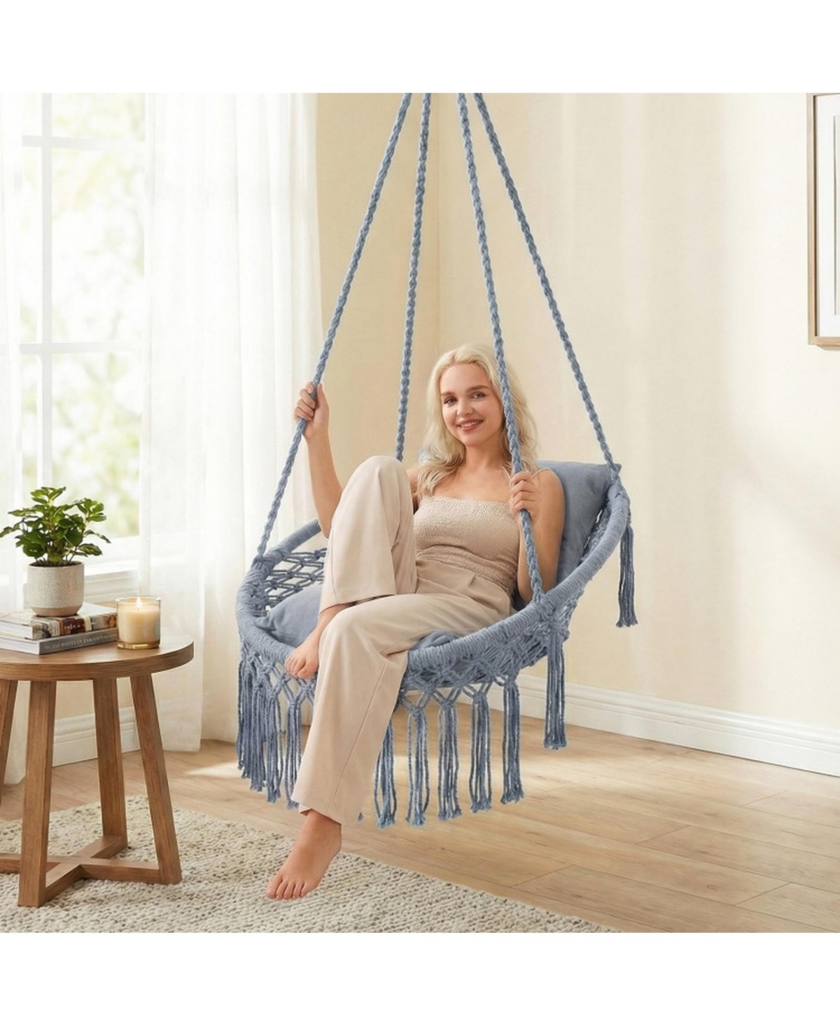 Sugift Macrame Hammock Swing Chair with 2 Removable Cushions and Bohemian Fringe