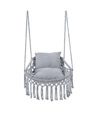 Macrame Hammock Swing Chair with 2 Removable Cushions and Bohemian Fringe