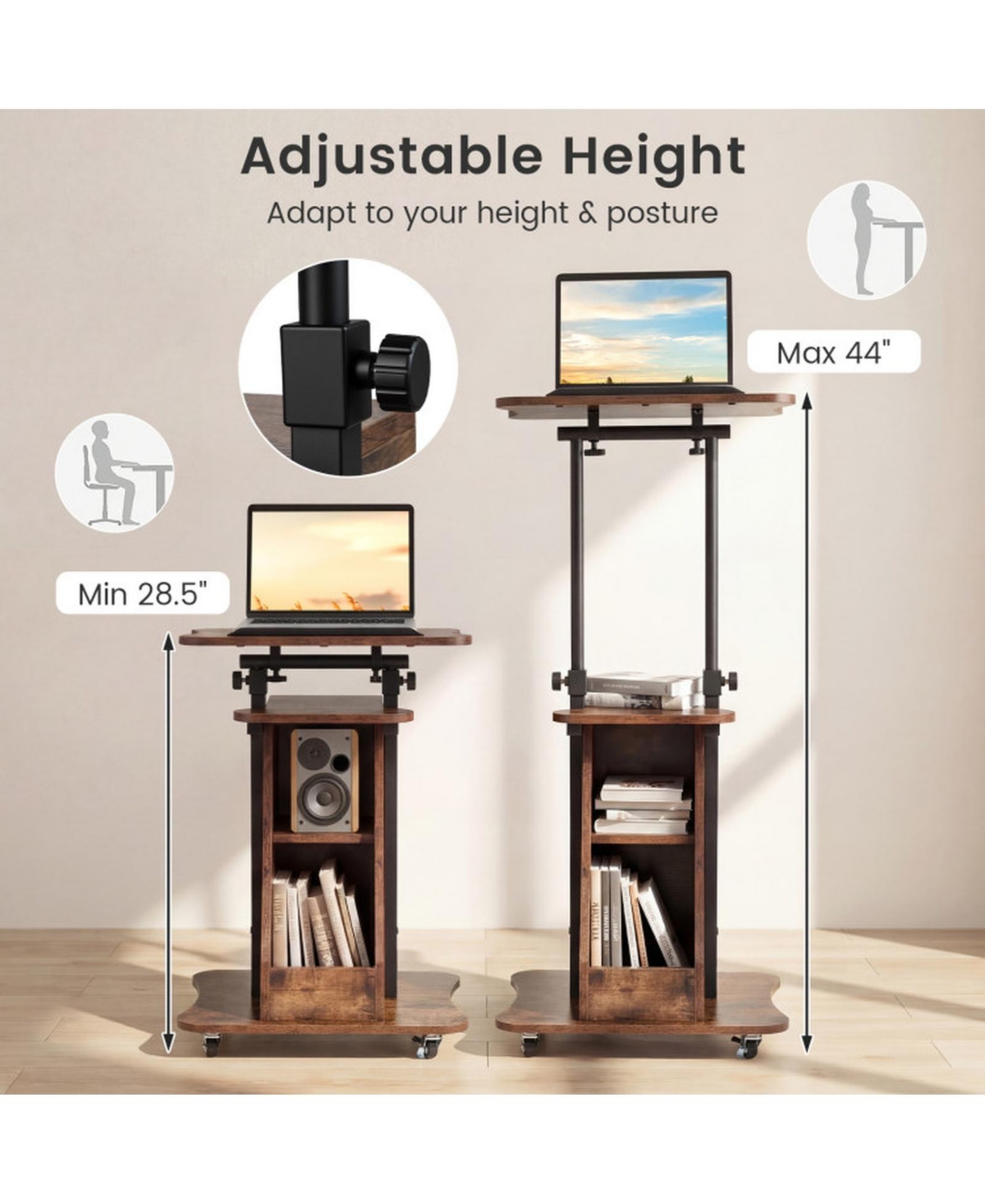 Gouun Mobile Podium Stand with Tilting Tabletop and Storage Compartments