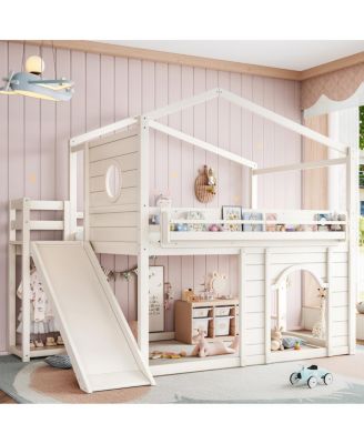 Full Size House Loft Bed with Slide, Wardrobe and Bookshelves