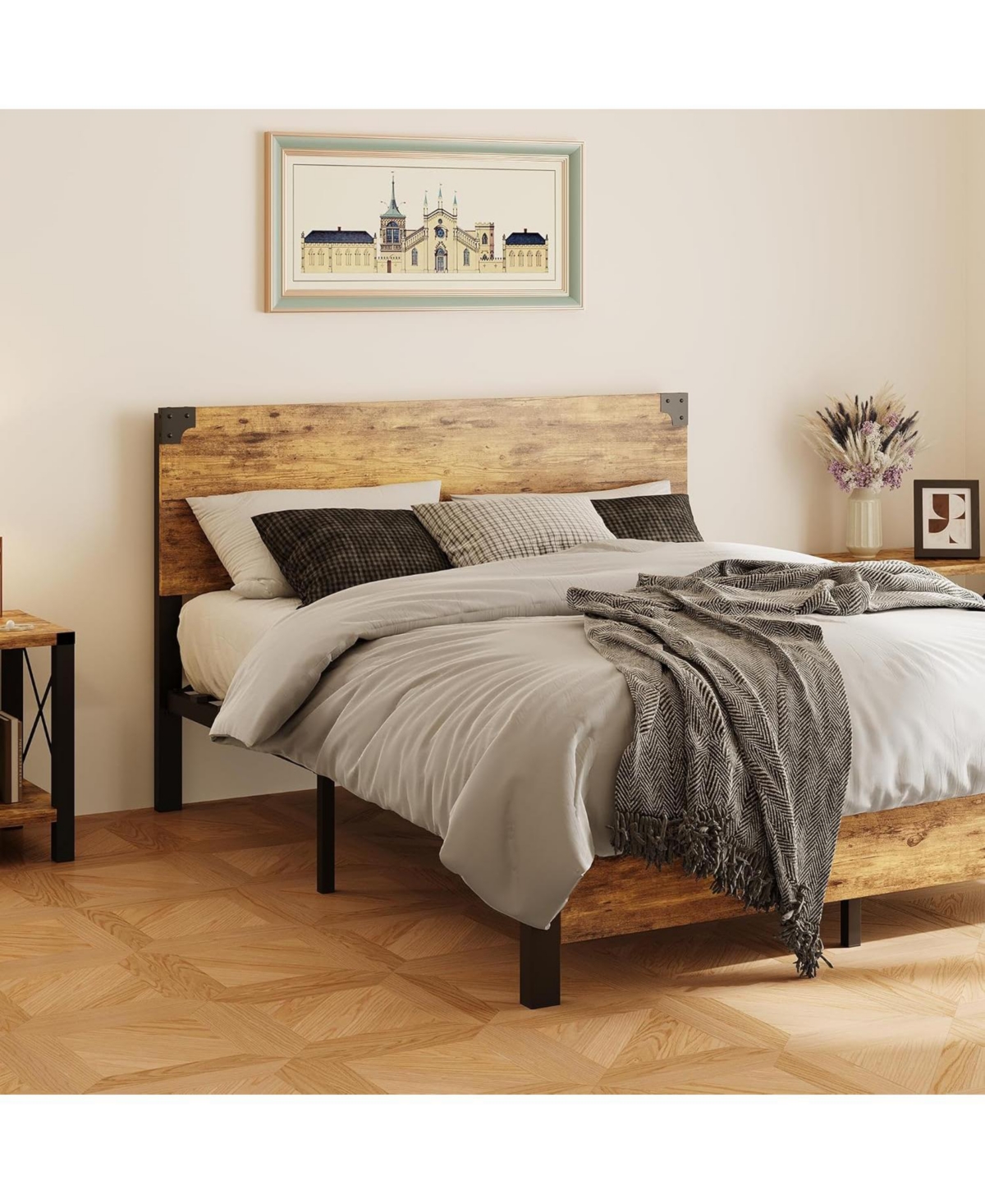 gaomon Queen Metal Platform Bed with Wood Headboard