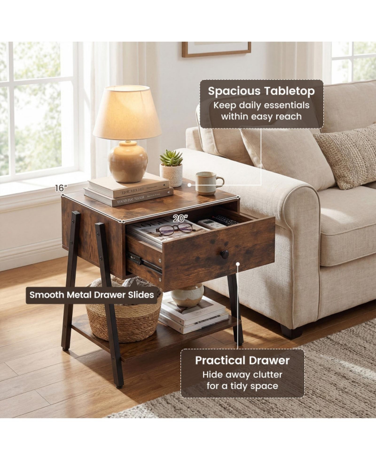 Gouun Industrial Nightstand with Wooden Drawer Open Shelf and Adjustable Foot Pads