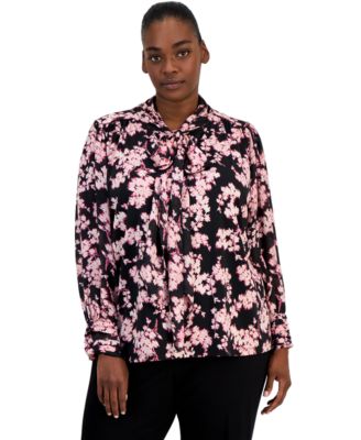 Plus Size Mixed Media Bow Long-Sleeve Tie Neck Floral-Print Blouse