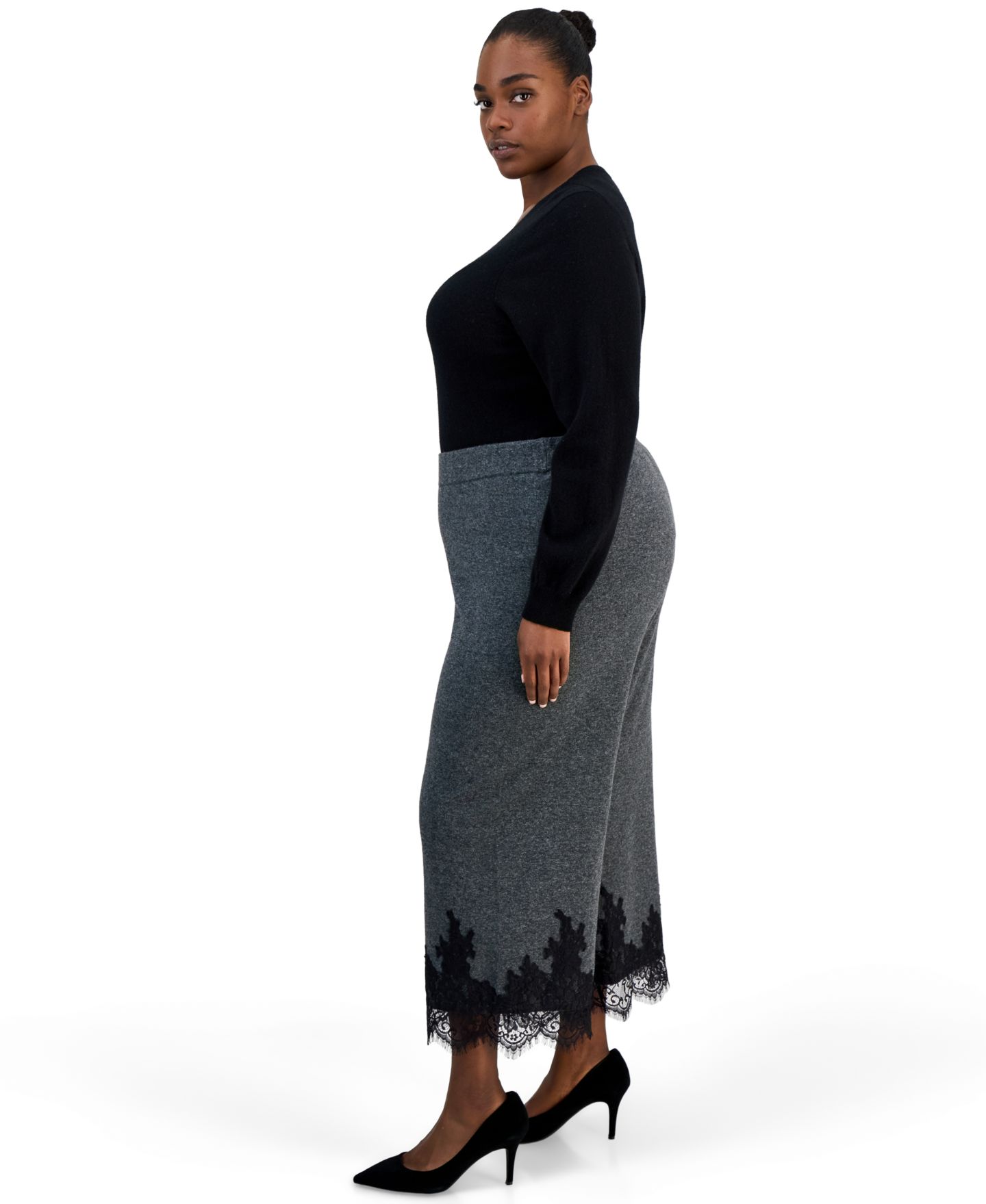 Женские брюки Anne Klein Plus Size Pull-On Wide Leg Lace-Trim, цвет: Угольный серый / Чёрный — фото 3