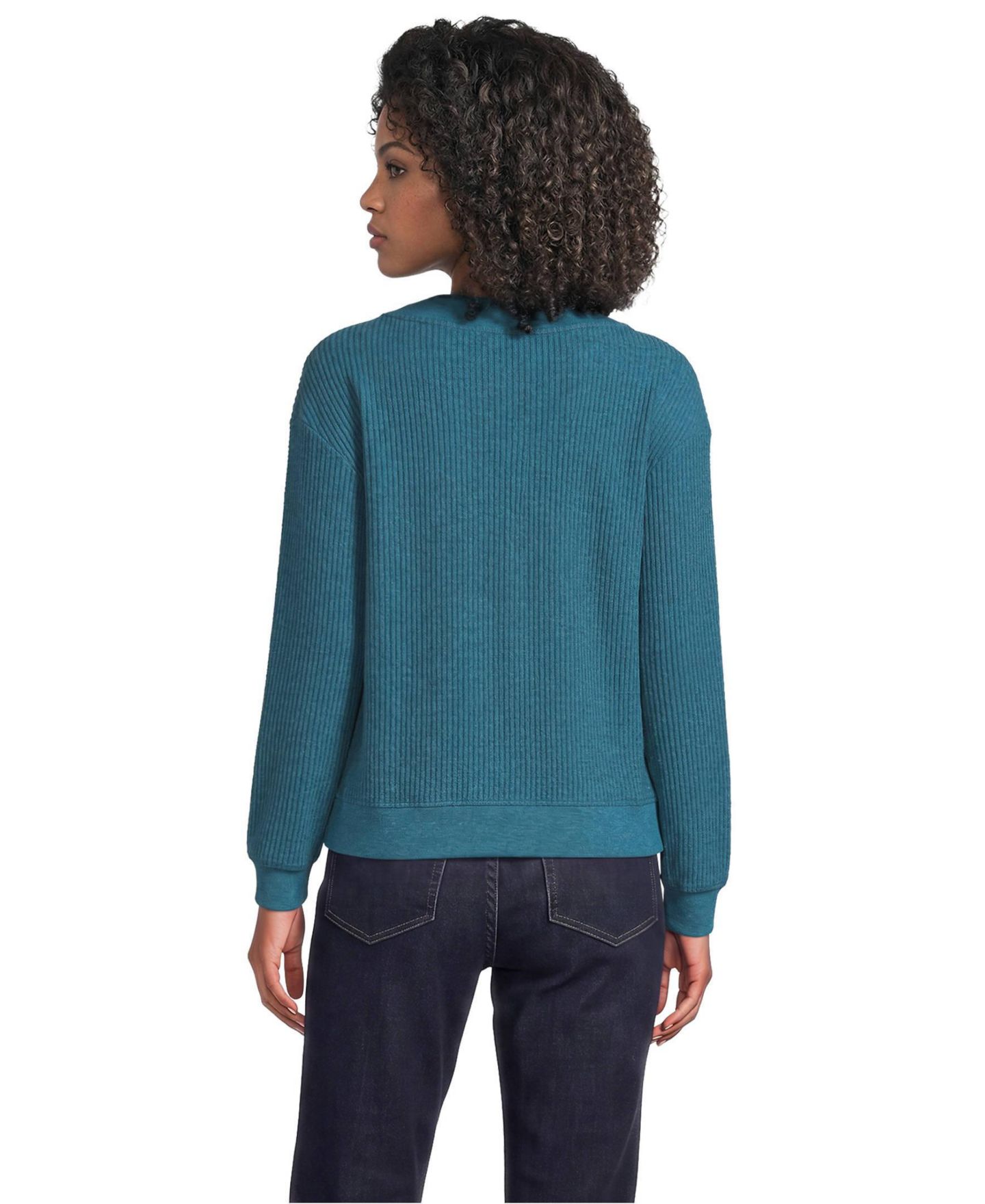 Женский кардиган Lands' End Waffle-Knit V-Neck Cotton-Blend, цвет: Бирюзовый меланжевый — фото 2