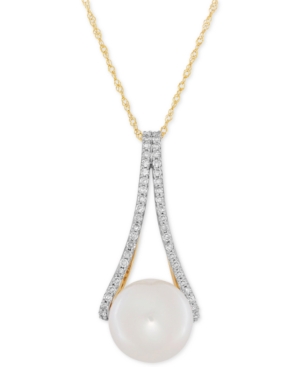 image of Honora Freshwater Pearl (10mm) and Diamond (1/4 ct. t.w.) Pendant Necklace in 14k Gold