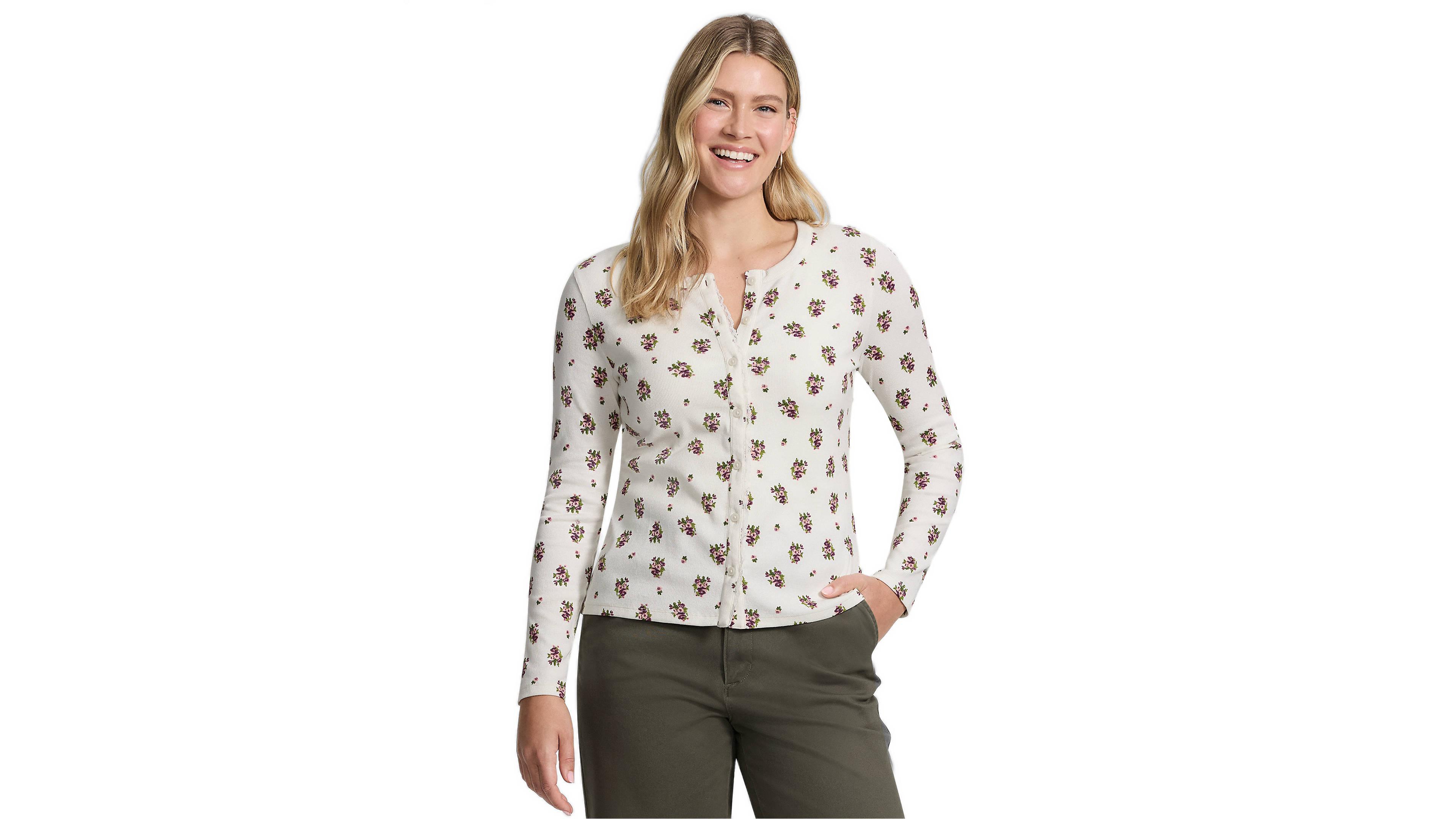 Lands' End Women's Long Sleeve Micro Rib Lace Trim Button Through Cardigan