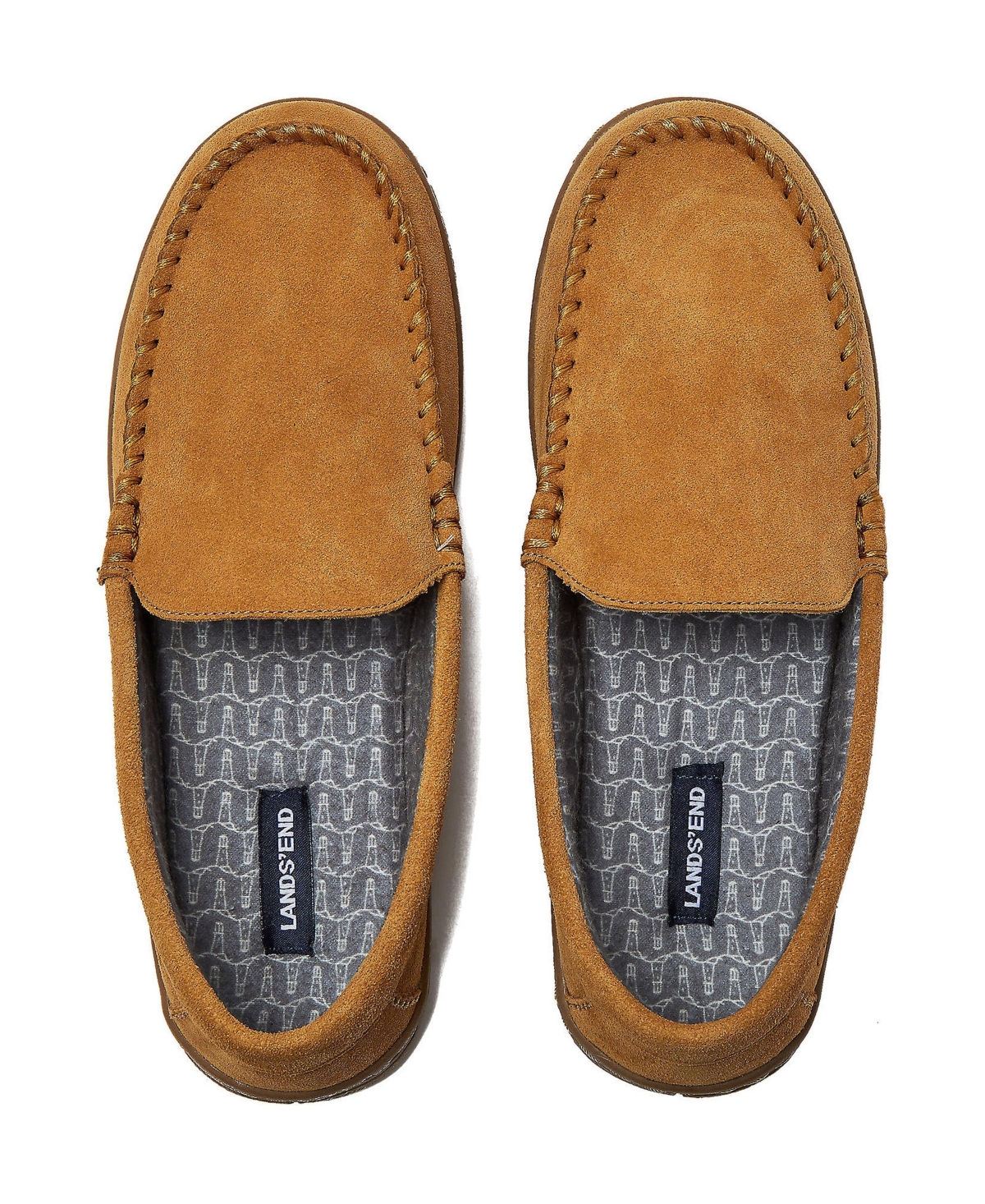 Lands' End Men's Flannel Lined Suede Slip On Moccasin Slippers