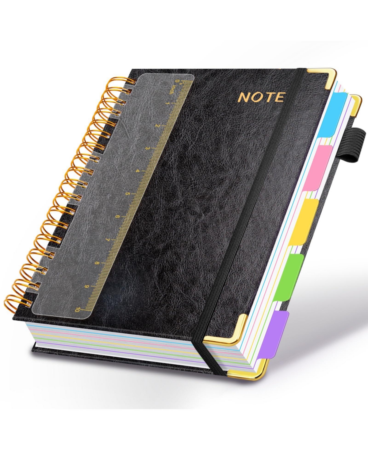 Danrong Faux Leather 5 Subject Spiral Notebook College Ruled 300 Pages with Dividers Tabs Pen Loop - Black 8.5''x 11''
