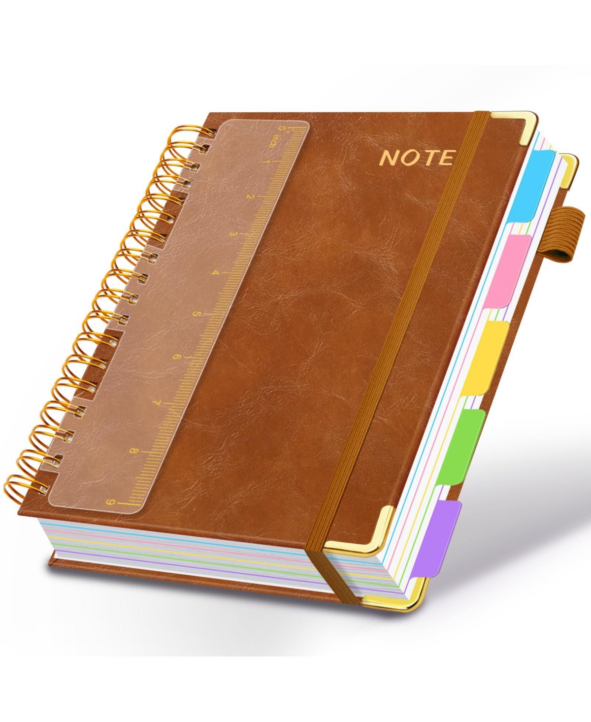 Danrong Faux Leather 5 Subject Spiral Notebook College Ruled 300 Pages with Dividers Tabs Pen Loop - Light brown 8''x 10''