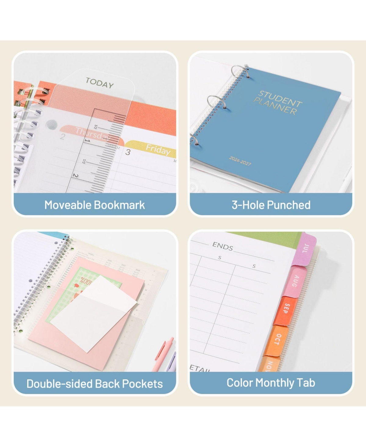 Danrong Student Planner Academic Weekly Monthly Plan Book School Lesson Organizer with Bookmark Tabs 3 Hole Punched