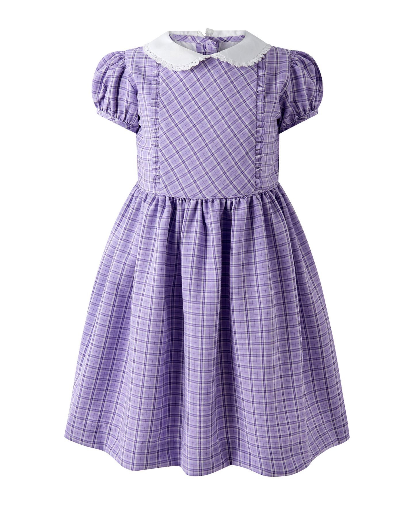 Платье Rachel Riley Puff-Sleeve Peter Pan Collar Check Frill Front Dress для девочек-малышей, цвет: Фиолетовый — фото 1