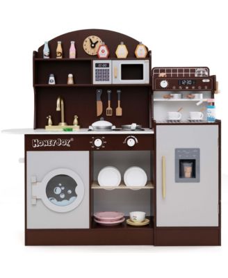 Kids Kitchen Set Wooden Kitchen Playset with Clock, Microwave, Sink, Dish Rack