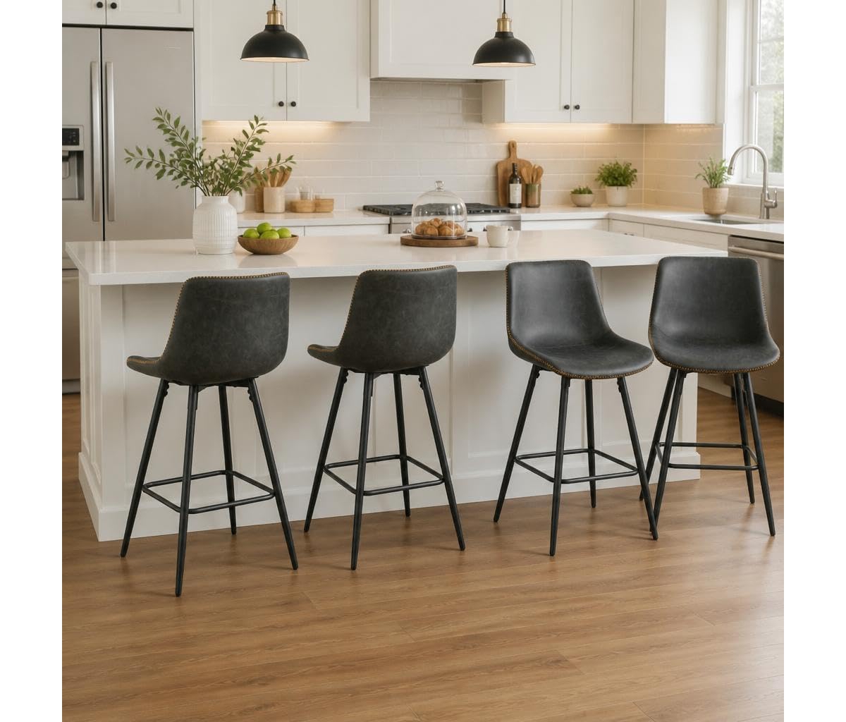 homfan Set of 4 24 Inch Counter Height Bar Stools with Backs, Faux Leather Upholstery and Metal Legs for 34 - 38 Kitchen Counters