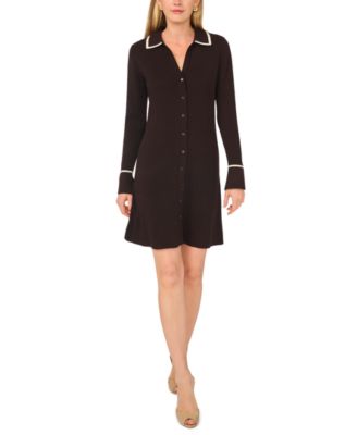 Women's Long-Sleeve Button-Front Fit-and-Flare Sweater Dress