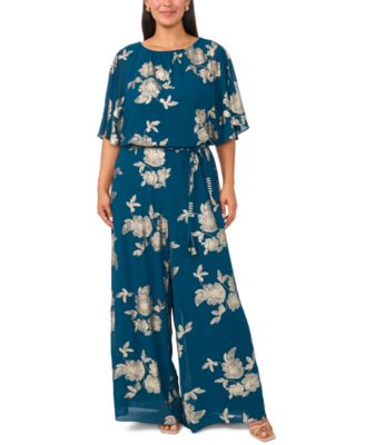 Plus Size Floral-Print Wide-Leg Blouson Jumpsuit with Belt
