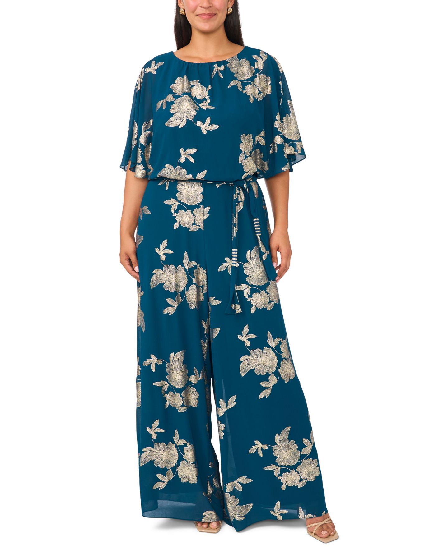 Женский комбинезон MSK Plus Size Floral-Print Wide-Leg Blouson Jumpsuit with Belt, цвет: Зелёный — фото 1