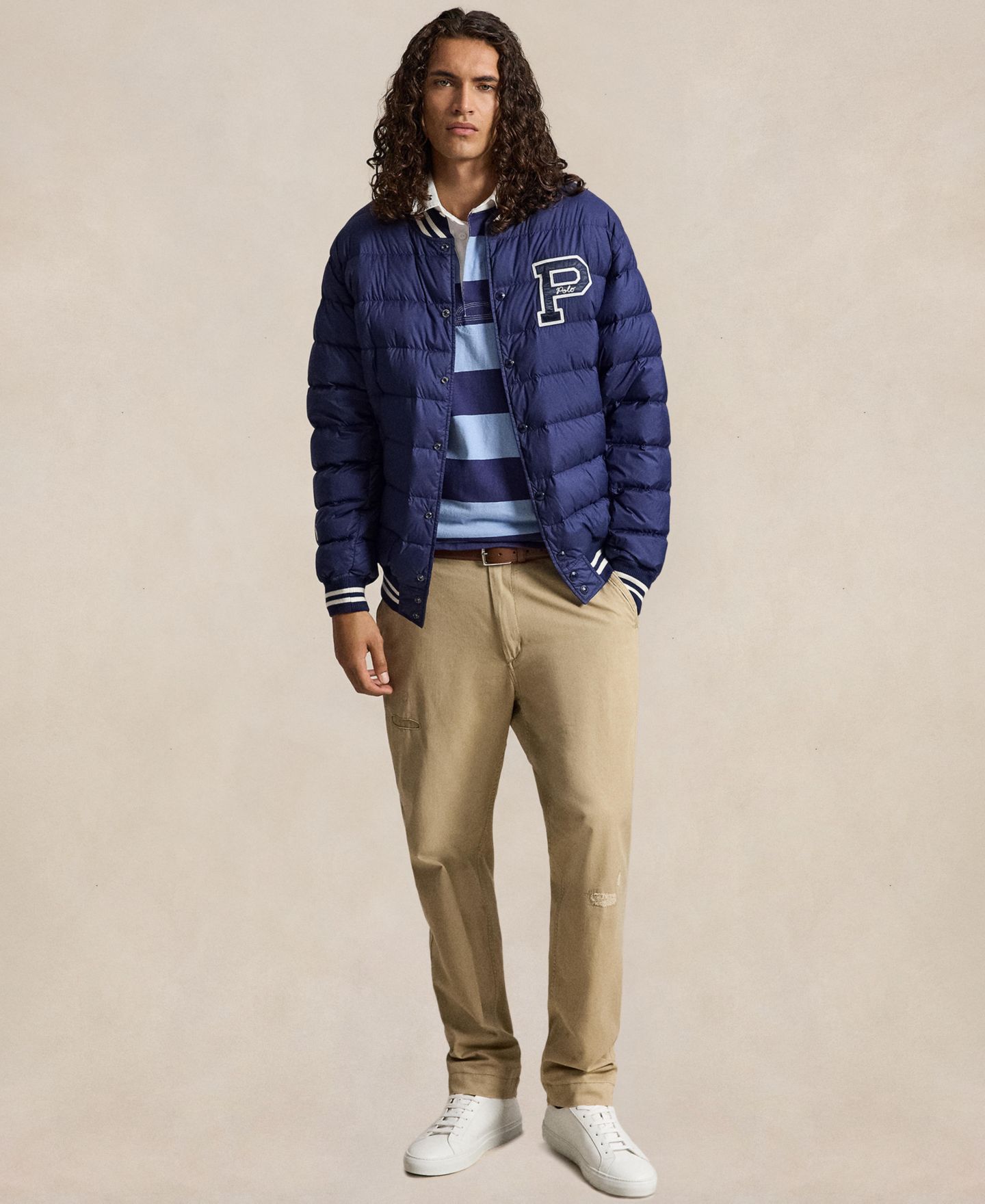 Мужская рубашка Polo Ralph Lauren Big & Tall The Iconic Striped Rugby Shirt, цвет: Шамбре синий / Тёмно-синий — фото 2